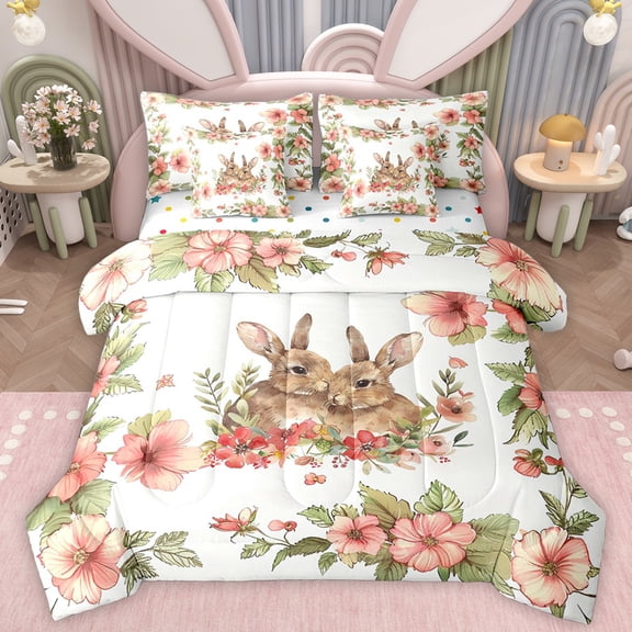 Homewish Kawaii Couple Rabbit Bedding Comforter Set 7pcs for Teens, Cute Animal King Bedding Sets, Romantic Pink Flower Reversible Bed Sheets, Super Cozy Room Decor