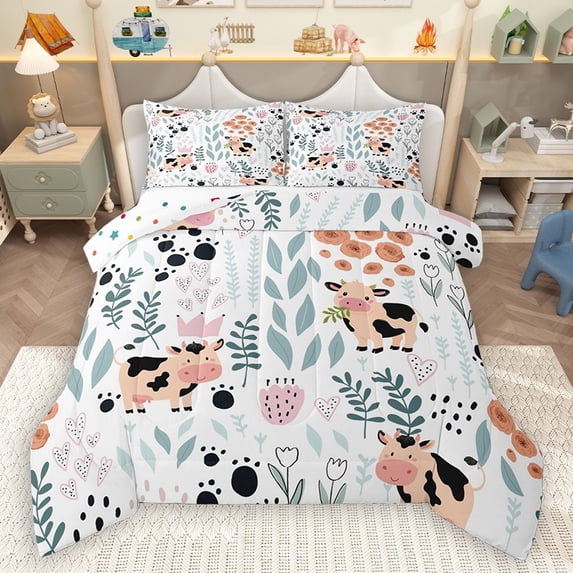 Homewish Kawaii Cow 2pcs Bedding Comforter Set for Child Boys Girls,Chic Floral Flower Twin Comforter Sets,Cartoon Animal Breathable Bedding Set,Super Cozy Room Decor,Reversible