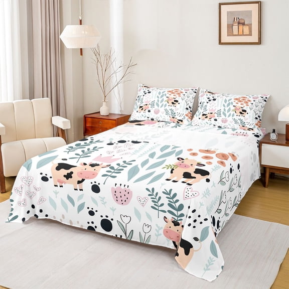 Homewish Kawaii Cow 3pcs Twin Sheet Sets for Child Boys Girls,Chic Floral Flower Twin Fitted Sheet,Cartoon Animal Breathable Flat Sheet,Super Cozy Room Decor