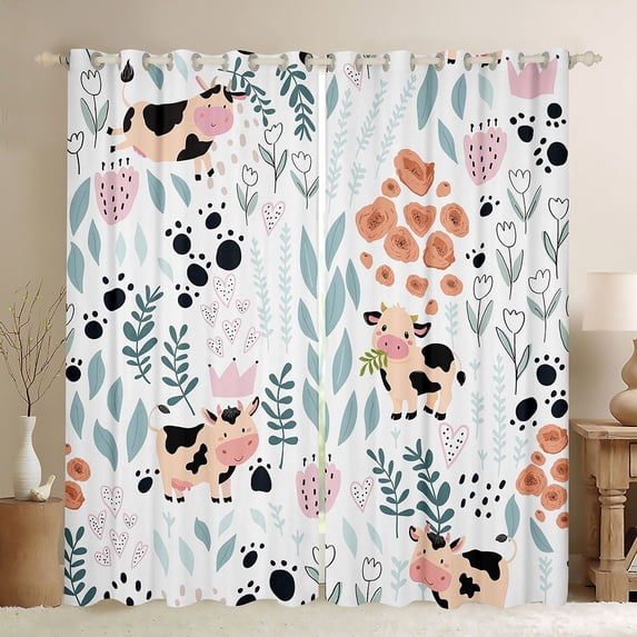 Homewish Kawaii Cow Curtains Pack of 2 (42x84 Each) for Child Boys Girls,Chic Floral Flower Curtains Blackout,Cartoon Animal Bedroom Curtains,Super Cozy Room Decor