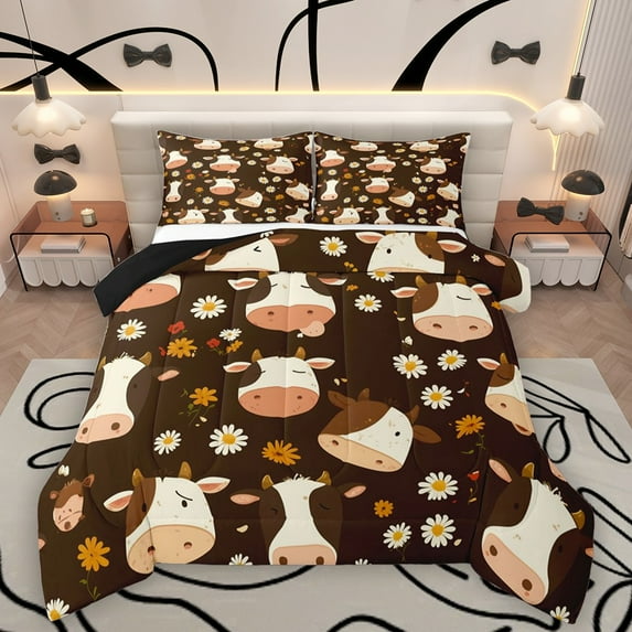 Homewish Kawaii Cow Full Size Comforter Sets 3-Piece for Children Boys Girls,Flower Farmhouse Animal Bedding Comforter Set,Chic Floral Daisy Lightweight Bedding Sets,Lightweight Room Decor
