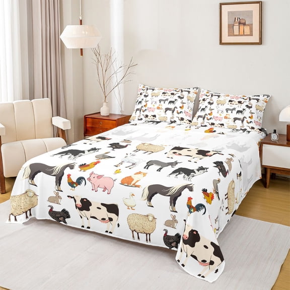 Homewish Kawaii Cow Sheep 3-Piece Twin Sheet Set, Farm Animal Bedding