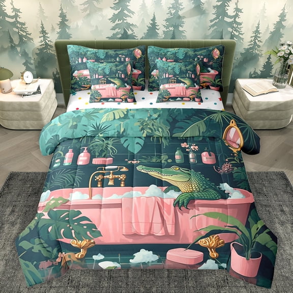 Homewish Kawaii Crocodile Lover Bedding Comforter Set 7pcs, Green Palm Leaf Queen Bedding Sets, Vintage Cartoon Theme Reversible Queen Sheet Sets, Breathable Home Decor