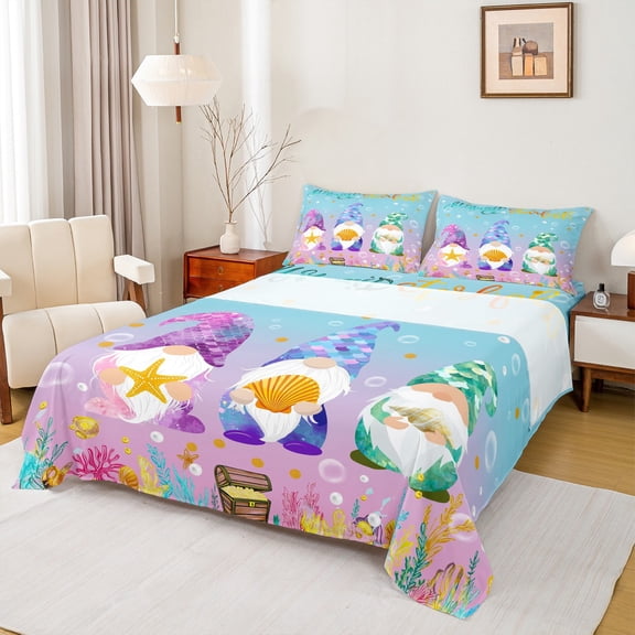 Homewish Kawaii Cute Gnome Twin Sheet Sets for Kid, Ocean Mermaid Princess Twin Fitted Sheet, Seashell Sealife Flat Sheet, Super Cozy Room Decor, 3-Piece
