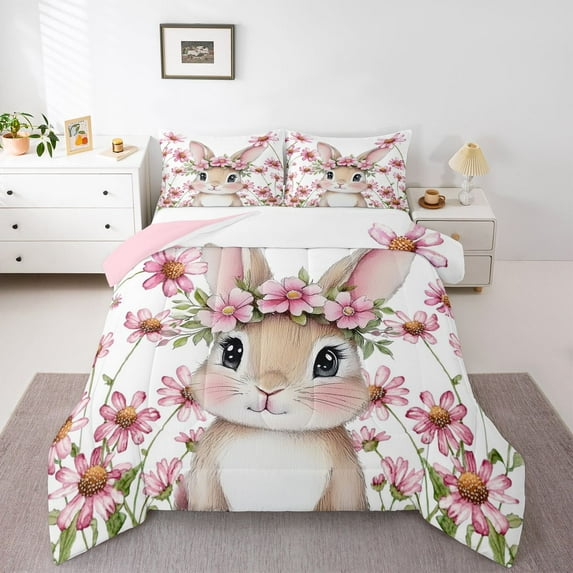 Homewish Kawaii Cute Rabbit Full Size Comforter Sets, Rustic Farmhouse Bunnies Animal Bedding Comforter Set, Vintage Daisy Floral Reversible Bedding Sets, Lightweight Room Decor, 3-Piece
