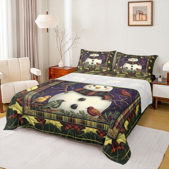 Homewish Kawaii Cute Snowman Twin Sheet Sets, Dreamy Winter Christmas Twin Fitted Sheet, Teens Kids Boys Girls Flat Sheet, Luxury Bedroom Decor, 3-Piece