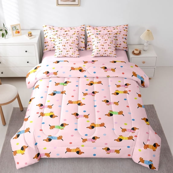 Homewish Kawaii Dachshund Animal 7-Piece Twin Bedding,Polka Dot Bedding Comforter Set,Pink,Pet Themed Decor,Pink Reversible