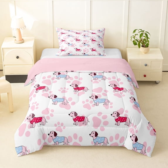 Homewish Kawaii Dachshund Animal Twin Comforter Sets,Pink Dog Paw Print Bedding Set,Pink Reversible,2pcs,1 Comforter and 1 Pillowcase