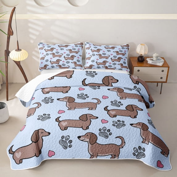 Homewish Kawaii Dachshund Animal Twin Quilt Set,Dog Paw Print Twin Coverlet Set,Blue,2pcs