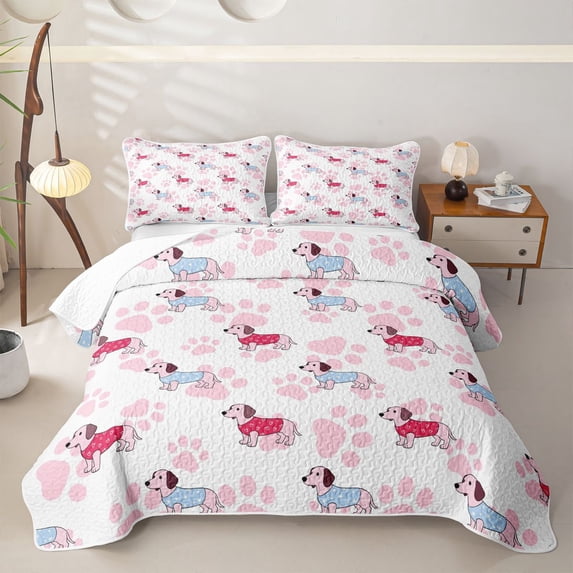 Homewish Kawaii Dachshund Animal Twin Quilt Set,Pink Dog Paw Print Twin Coverlet Set,2pcs