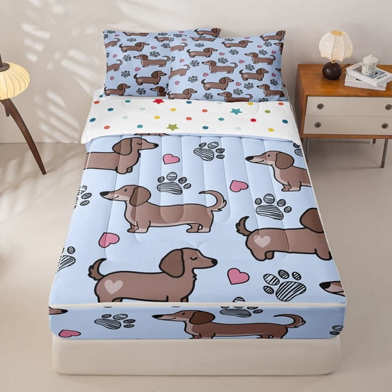 Homewish Kawaii Dachshund Animal Zipper Queen Comforter Set with Fitted Sheet and 2 Pillowcases,Dog Paw Print Zipper Bedding Set,Blue,Polkadot Reversible,4pcs
