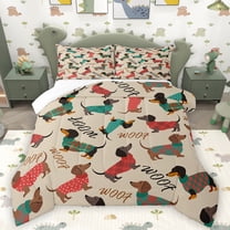 Homewish Kawaii Dachshund Bedding Comforter Set,Pet Dogs Twin Comforter Sets,Brown Green Red Bedding Set For Girls Boys,Super Cozy Room Decor,2 Pieces