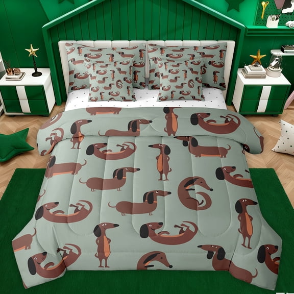 Homewish Kawaii Dachshund Child Twin Bedding Sets 7-Piece, Cute Dog Animal Bedding Comforter Set, Funny Dalmatian Lover Sheet Sets, Super Cozy Room Decor