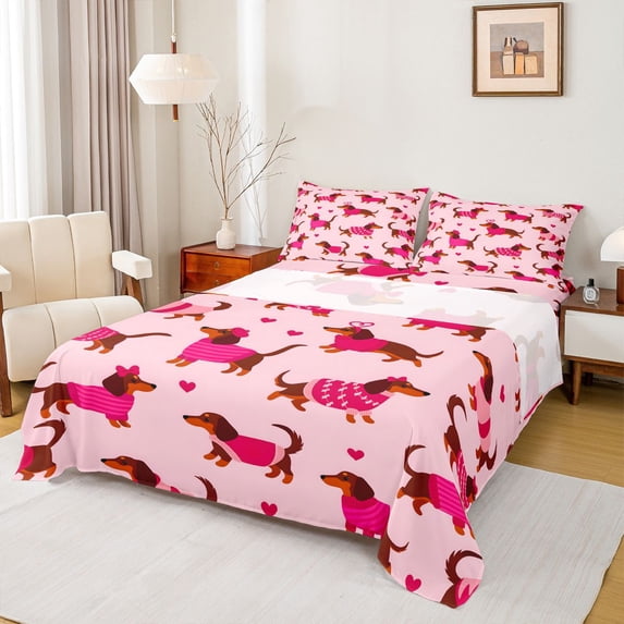 Homewish Kawaii Dachshund Dog Bed Sheets,Pink Heart Full Size Sheets,4 Pieces,1 Flat Sheet, 1 Fitted Sheet and 2 Pillowcases