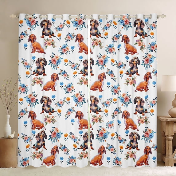 Homewish Kawaii Dachshund Dog Blackout Curtains Set of 2 (52x84 Each),Lovely Floral Curtain,White