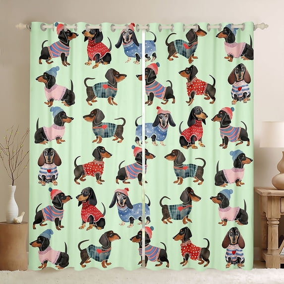 Homewish Kawaii Dachshund Dog Kitchen Curtains,Lovely Pet Black Out Curtains Pack of 2 (42x63 Each),Green