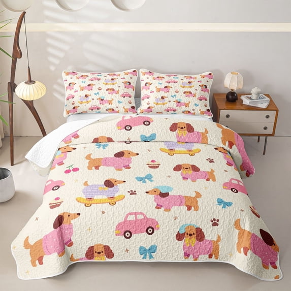 Homewish Kawaii Dachshund Dog Twin Quilt Set,Cartoon Pet Twin Coverlet Set,Car Cherry Bow Decor,2pcs