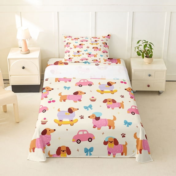 Homewish Kawaii Dachshund Dog Twin Sheets,Cartoon Pet Bedding,Car Cherry Bow Decor,3-Piece,1 Fitted Sheet and 1 Pillowcase