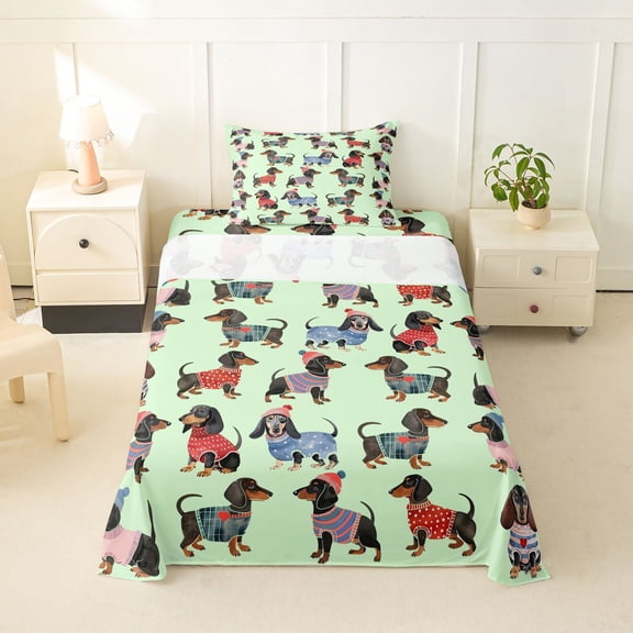 Homewish Kawaii Dachshund Dog Twin Sheets,Lovely Pet Bedding,Green,3 Pieces,1 Fitted Sheet and 1 Pillowcase