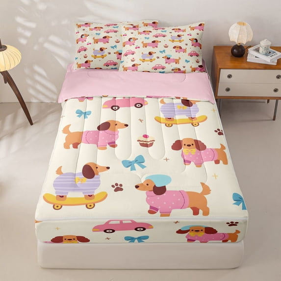 Homewish Kawaii Dachshund Dog Zipper Twin Comforter Sets with Fitted Sheet and 2 Pillowcases,Cartoon Pet Zipper Bedding Set,Car Cherry Bow Decor,Pink Reversible,4pcs