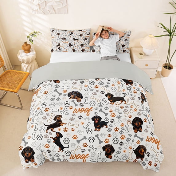 Homewish Kawaii Dachshund Duvet Cover Queen,Dog Paws Queen Bedding,Cream,Woof Print Decor,Light Gray Reversible,3-Piece,1 Duvet Cover and 2 Pillowcases