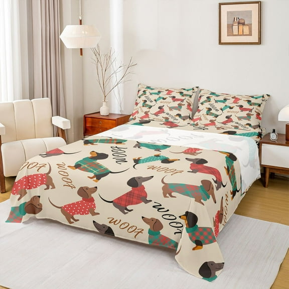 Homewish Kawaii Dachshund Full Size Sheets,Pet Dogs Bed Sheets,Brown Green Red Sheet Sets For Girls Boys,Super Cozy Room Decor,4pcs