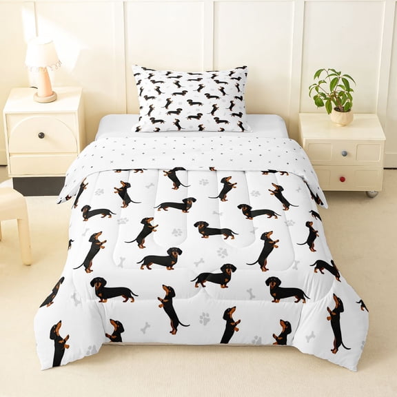 Homewish Kawaii Dachshund Twin Comforter Sets,Dog Paw Bone Bedding Set,White,Reversible,2-Piece,1 Comforter and 1 Pillowcase