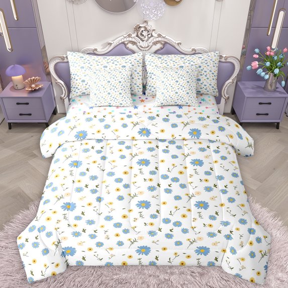 Homewish Kawaii Daisy 7pcs Bedding Comforter Set,Cute Cartoon Flower Queen Bedding Sets,Green White Queen Sheet Sets For Girl Teens,Ultra Soft Home Decor Reversible