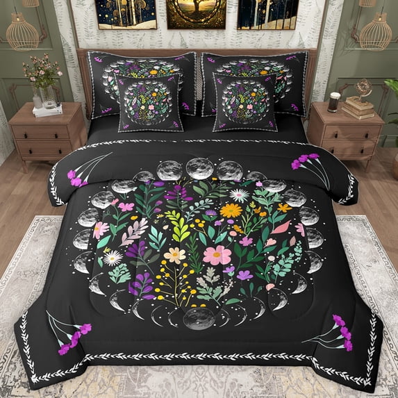 Homewish Kawaii Daisy Flower 7-Piece Bedding Comforter Set,Boho Bohemain Theme King Bedding Sets,Colorful Floral Leaves Bed Sheets For Kids,Breathable Home Decor Reversible