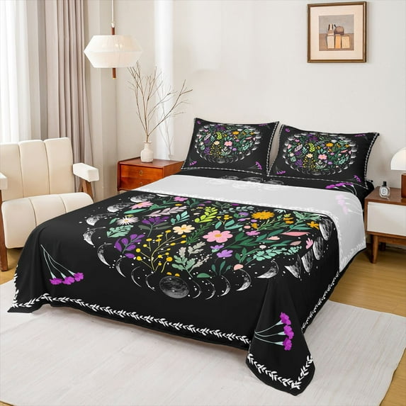 Homewish Kawaii Daisy Flower Queen Sheet Sets,Boho Bohemain Theme Flat Sheet,Colorful Floral Leaves Queen Fitted Sheet For Kids,Breathable Home Decor,4pcs