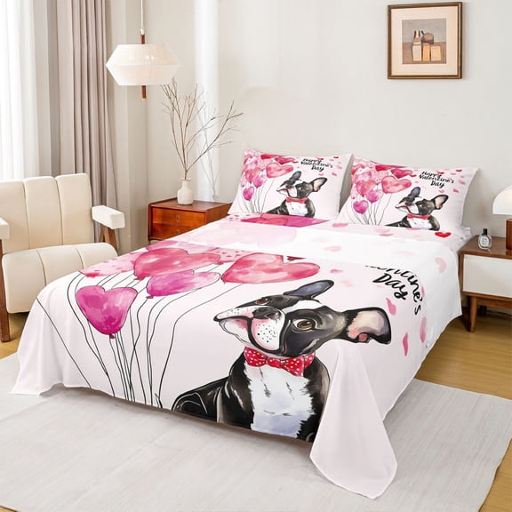 Homewish Kawaii Dalmatian Dog Twin Sheet Sets, Love Heart Balloon Twin Fitted Sheet, Romantic Valentine's Day Flat Sheet, Microfiber Bedroom Decor, 3pcs