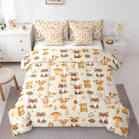 Homewish Kawaii Deer Fox Bear 7-Piece Twin Bedding Sets For Preppy Children,Cartoon Animal Bedding Comforter Set,Jungle Wildlife Breathable Sheet Sets,Microfiber Bedroom Decor,Reversible