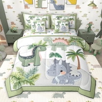 Homewish Kawaii Dino Dinosaur 7-Piece Twin Bedding Sets,Hawaii Coconut Tree Bedding Comforter Set,Green Gray Sheet Sets For Boys Child,Ultra Soft Home Decor Reversible