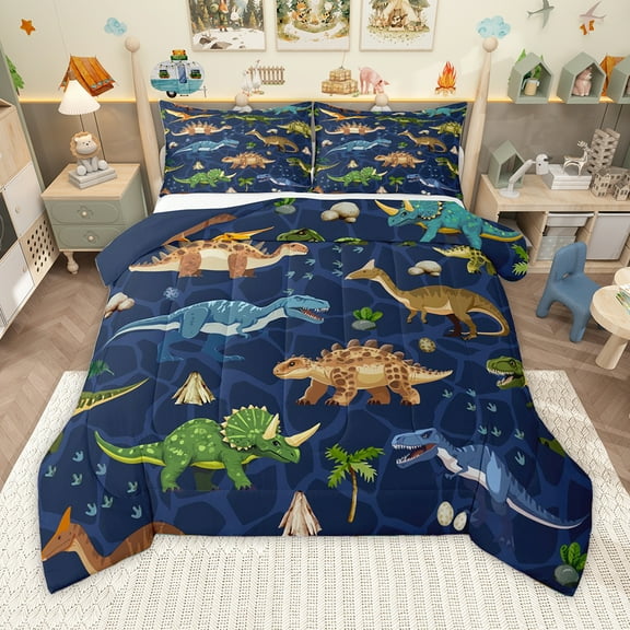 Homewish Kawaii Dino Dinosaur Bedding Comforter Set,Ancient Animal Twin Comforter Sets,Green Brown Deepblue Bedding Set For Boys Child,Ultra Soft Home Decor Reversible,2 Pieces