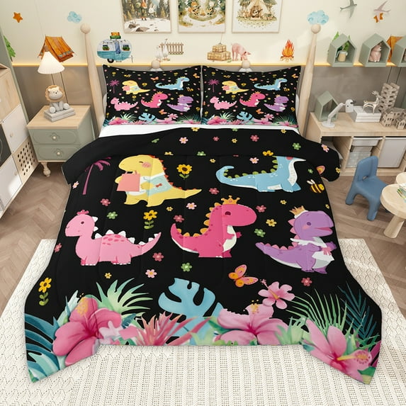 Homewish Kawaii Dino Dinosaur Bedding Comforter Set,Tropical Botanical Monstera Leaf Twin Comforter Sets,Multicolor Daisy Flower Bedding Set For Boys Child,Ultra Soft Home Decor Reversible,2pcs