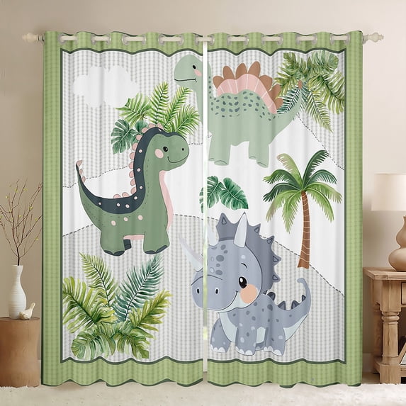 Homewish Kawaii Dino Dinosaur Curtains Pack of 2 (42x84 Each),Hawaii Coconut Tree Curtains Blackout,Green Gray Bedroom Curtains For Boys Child,Ultra Soft Home Decor