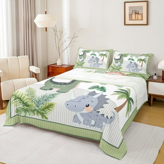 Homewish Kawaii Dino Dinsaur Twin Sheet Sets,Hawaii Coconut Tree Twin Fitted Sheet,Green Gray 03 For Boys Child,Ultra Soft Home Decor,3 Pieces