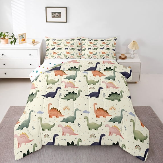 Homewish Kawaii Dino Queen Comforter Set,Cute Wildlife Theme Comforter Sets Queen,Beige,Rainbow Decor,Polkadot Reversible,3pcs,1 Comforter and 2 Pillowcases