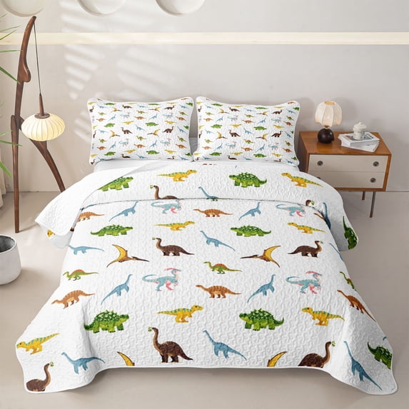 Homewish Kawaii Dino Quilt King,Safari Animals King Coverlet Set,White,3-Piece