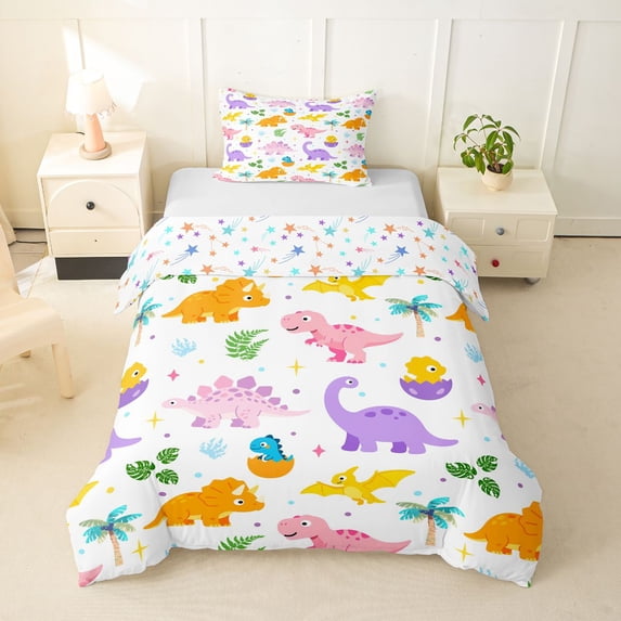 Homewish Kawaii Dino Twin Duvet Cover,Cartoon Wildlife Twin Bedding,White,Colorful Stars Reversible,2pcs,1 Duvet Cover and 1 Pillowcase