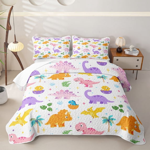 Homewish Kawaii Dino Twin Quilt Set,Cartoon Wildlife Twin Coverlet Set,White,2 Pieces