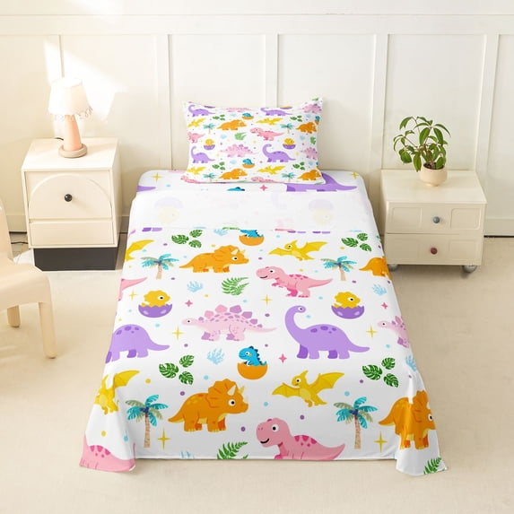 Homewish Kawaii Dino Twin Sheets,Cartoon Wildlife Bedding,White,3pcs,1 Fitted Sheet and 1 Pillowcase