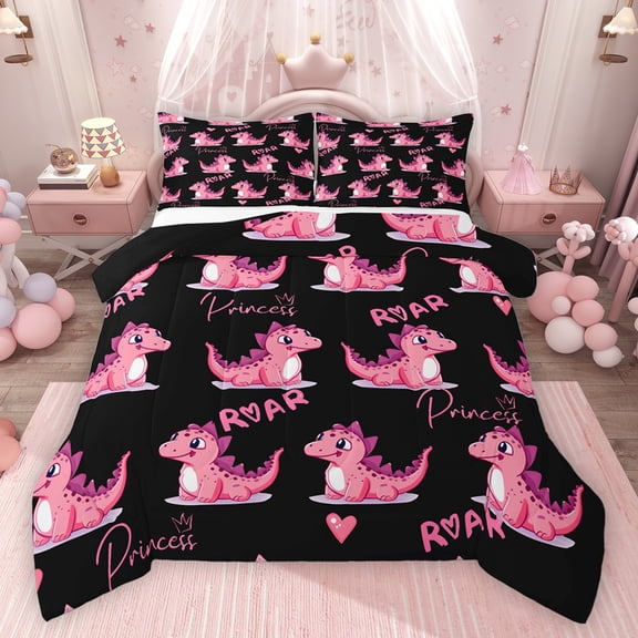 Homewish Kawaii Dinosaur 3 Pieces Queen Comforter Set for Kids Children,Dreamy Princess Ultra Soft Bedding Sets,Cartoon Pink Dino Bedding Comforter Set Breathable,Ultra Soft Home Decor