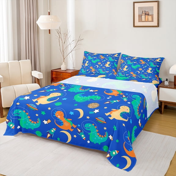 Homewish Kawaii Dinosaur 4pcs Bed Sheets For Children Boys,Galaxy Planet Rocket King Sheets,Cartoon Animal Super Cozy Sheet Set,Ultra Soft Home Decor
