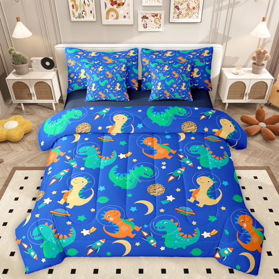 Homewish Kawaii Dinosaur 7-Piece Bedding Comforter Set For Children Boys,Galaxy Planet Rocket King Bedding Sets,Cartoon Animal Ultra Soft Bed Sheets,Ultra Soft Home Decor,Reversible