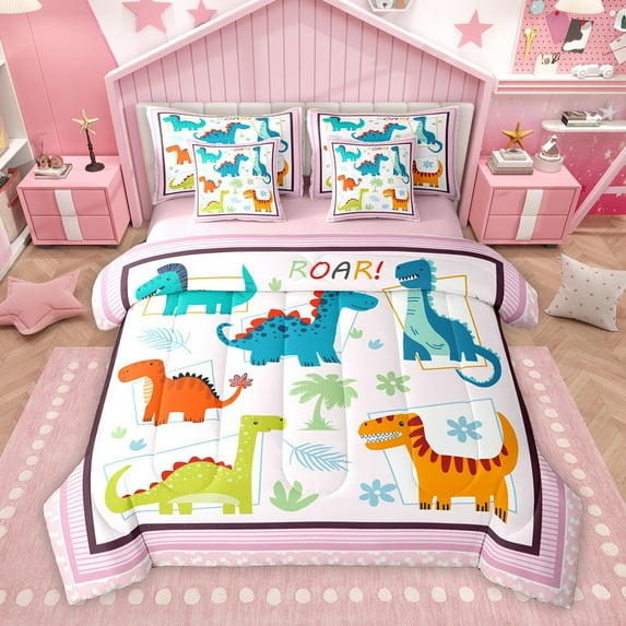 Homewish Kawaii Dinosaur Animal Bedding Comforter Set 7 Pieces, Pink Stripes Line Full Bedding Set, Teens Kids Boys Girls Reversible Fitted Sheet Flat Sheet, Super Cozy Room Decor