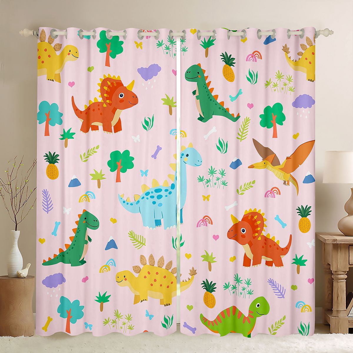 Homewish Kawaii Dinosaur Animal Curtains Pack of 2 (42x84 Each), Cartoon Style Curtains Blackout, Teens Kids Boys Girls Bedroom Curtains, Living Room Curtains Decor