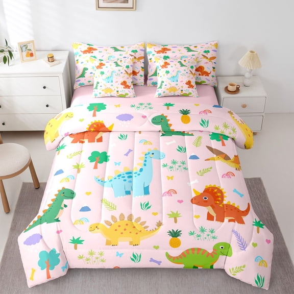 Homewish Kawaii Dinosaur Animal Twin Bedding Sets 7-Piece, Cartoon Style Bedding Comforter Set, Teens Kids Boys Girls Reversible Sheet Sets, Microfiber Bedroom Decor