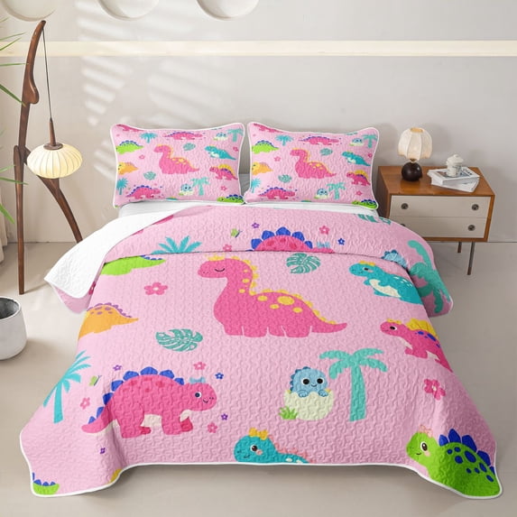 Homewish Kawaii Dinosaur Bed Spread Queen,Cute Cartoon Animal Queen Coverlet Set,Pink,3pcs