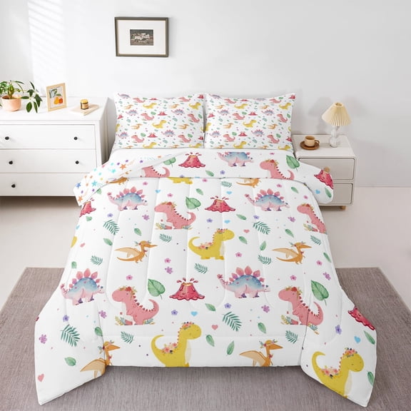 Homewish Kawaii Dinosaur Kids Queen Comforter Set, Cute Cartoon Animal Bedding Sets, Flower Leaf Plant Reversible Bedding Comforter Set, Microfiber Bedroom Decor, 3pcs
